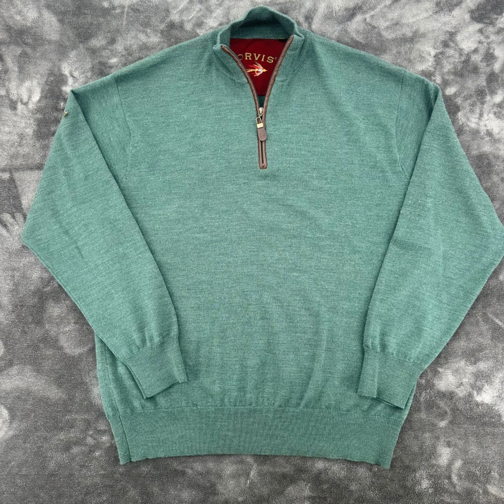 Orvis Mens L Green 100% Merino Wool Quarter Zip Sweater Leather Trim RN70534 - Picture 3 of 8